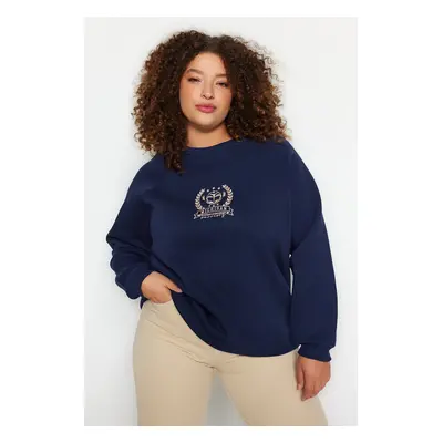 Trendyol Curve Navy Blue Thick Fleece Inside Embroidery Detailed Knitted Sweatshirt