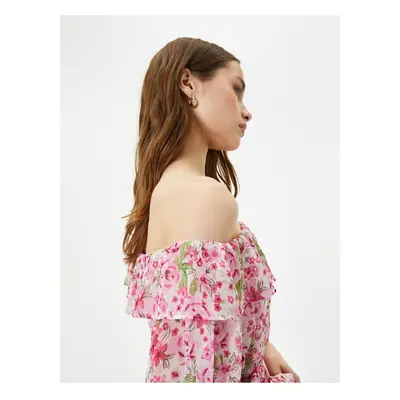 Koton Floral Dress Midi Off Shoulder Tie Detail