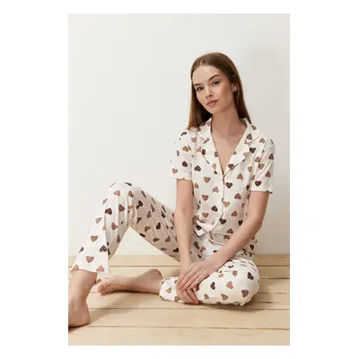 Trendyol Ecru Cotton Heart Knitted Pajamas Set