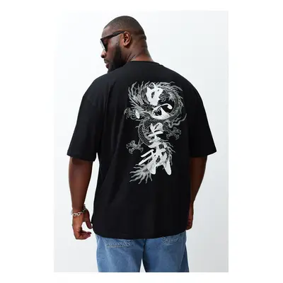 Trendyol Plus Size Black Oversize/Wide Cut Far East Printed 100% Cotton T-shirt