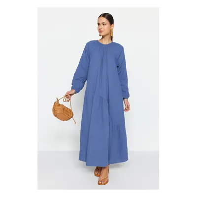 Trendyol Indigo Gathered Detail 100% Cotton Muslin Wide Fit Lined Woven Dress