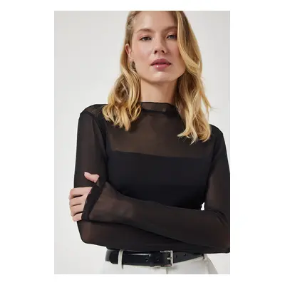 Happiness İstanbul Women's Black Gathered Detailed Sheer Chiffon Blouse