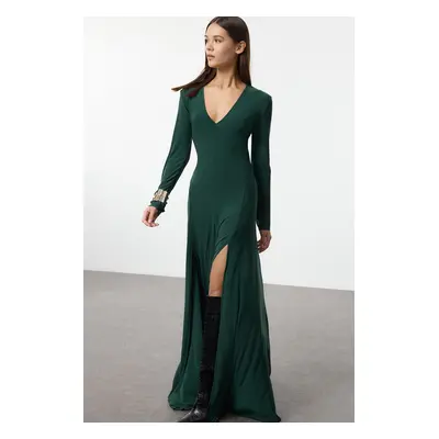 Trendyol Emerald Green Plain Limited Edition V Neck Skater/Waist Open Stretch Maxi Knit Dress