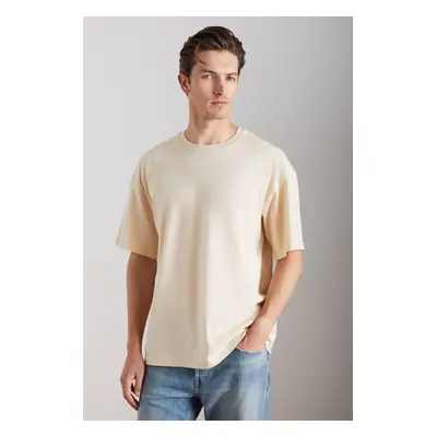 GRIMELANGE Jett Men's Oversize Fit 100% Organic Cotton Thick Textured Crew Neck Vanilla T-shirt