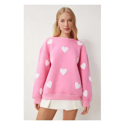 Happiness İstanbul Women's Pink Heart Textured Raised Knitted Sweatshirt