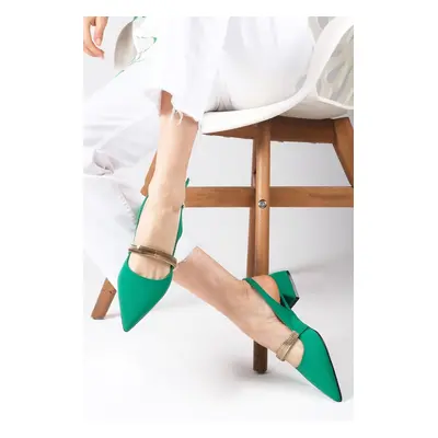 Mio Gusto Laura Green Color Open Back Matte Satin Fabric Women's Short Heeled Shoes