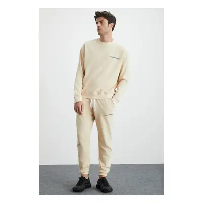 GRIMELANGE Marshall Men's Cotton Fleece Inside Embroidered Relaxed Vanilla Tracksuit Se