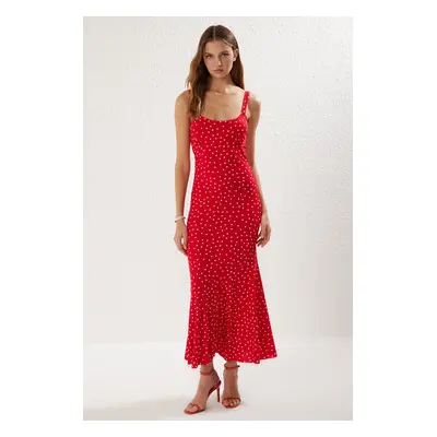 Trendyol Red Polka Dot Strappy Fitted Elastic Knitted Maxi Pencil Dress