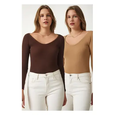 Happiness İstanbul Women's Dark Brown Biscuit V Neck 2-Pack Knitted Blouse