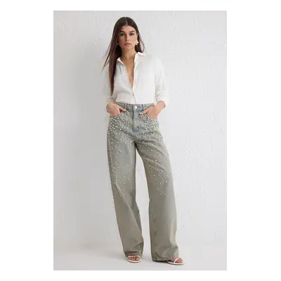 Trendyol Blue Pearl Detailed Stoned Normal Waist Barrel Jeans