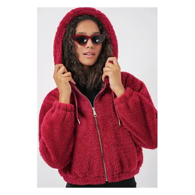 Bigdart Hooded Plush Crop Jacket - Claret Red