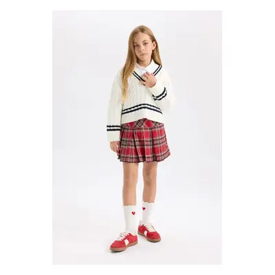 DEFACTO Girl Red Pleated Plaid Gabardine Skirt