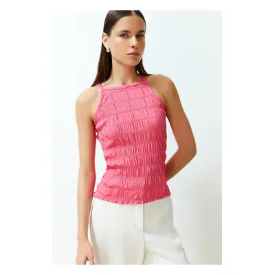 Trendyol Fuchsia Textured Plain Slim Halter Neck Strap Knitted Blouse