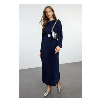 Trendyol Navy Blue Pleated Belt Detailed Knitted Dress