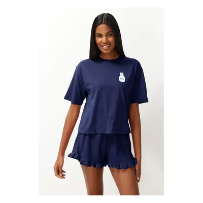 Trendyol Navy Blue Plain Ruffle Jersey Knitted Pajamas Set