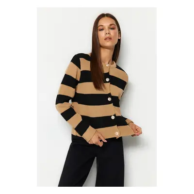 Trendyol Camel Striped Basic Jacket Look Knitwear Cardigan