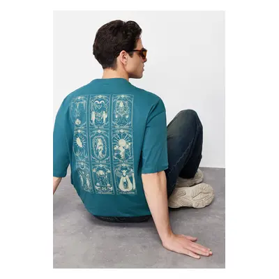 Trendyol Emerald Green Oversize/Wide Cut 100% Tarot Printed T-Shirt