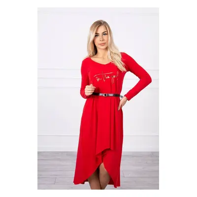 Dress with decorative belt and red inscription