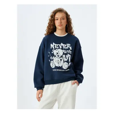 Koton Crew Neck Slogan Printed Oversize Raised Sweatshirt