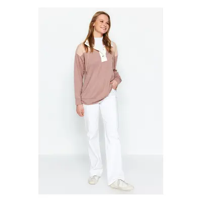 Trendyol Beige Stand Up Collar Color Block Knitted Sweatshirt