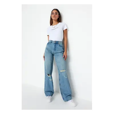 Trendyol Blue Pale Effect Vintage Ripped Detailed Low Waist Wide Leg Jeans