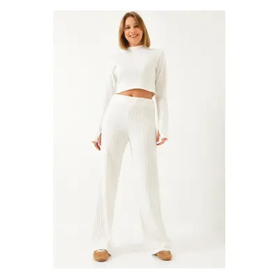 Bianco Lucci Women's Fingered Elastic Waisted Palazzo Pants Ribbed Bottom-Top Suit