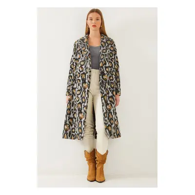 Bianco Lucci Women's Leopard Patterned Shawl Collar Detail Cashmere Coat