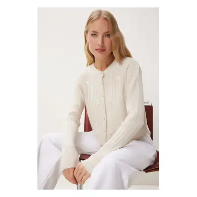 Happiness İstanbul Women's Cream Bow Knitted Sweater Cardigan