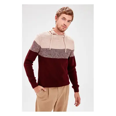 Trendyol Claret Red Regular Shawl Collar Color Block Knitwear Sweater