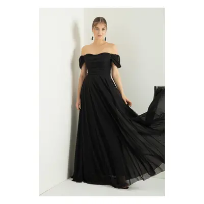 Lafaba Women's Black Boat Neck Draped Slit Long Silvery Evening Dress