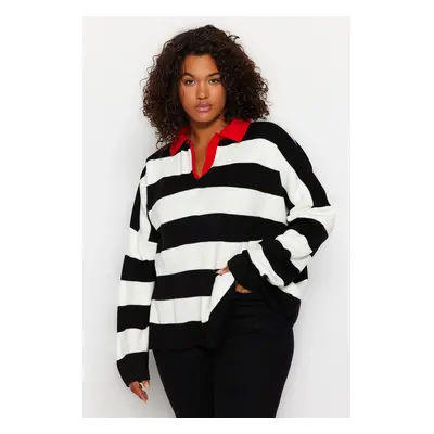 Trendyol Curve Red Polo Neck Striped Knitwear Sweater