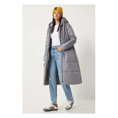 Happiness İstanbul Women's Gray Hooded Long Puffer Coat