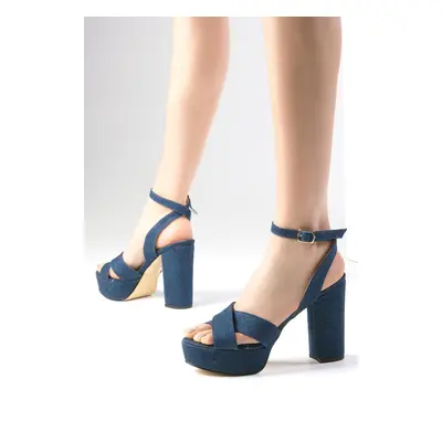 Mio Gusto Ellis Jeans Women's Blue Color Cross Strap Denim Fabric Platform Heeled Sandals