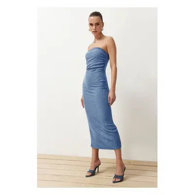 Trendyol Blue Strapless Gathered Fitted Midi Flexible Knitted Pencil Dress