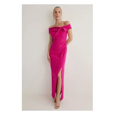 Trendyol Fuchsia Carmen Collar Bowknot Woven Maxi Evening & Graduation Dress