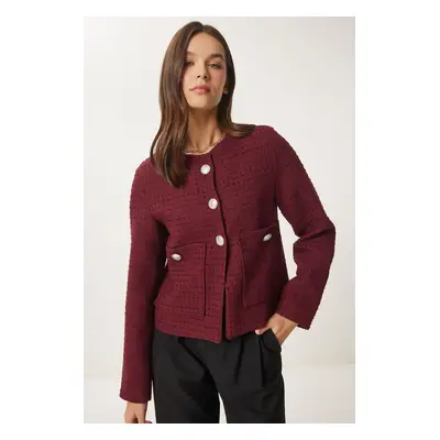 Happiness İstanbul Women's Burgundy Buttoned Tweed Jacket