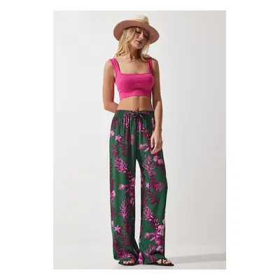 Happiness İstanbul Women's Dark Green Fuchsia Patterned Flowing Viscose Palazzo Trousers