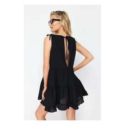 Trendyol Black Wide Fit Mini Woven Ruffled 100% Cotton Beach Dress