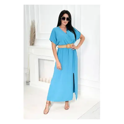 Long dress with decorative turquoise belt