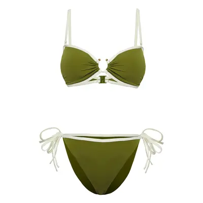 Trendyol Khaki*002 Plain Strapless Piping Regular Waist Bikini Set