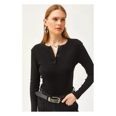 Olalook Women's Black Crew Neck Buttoned Long Sleeve Lycra Cotton Blouse