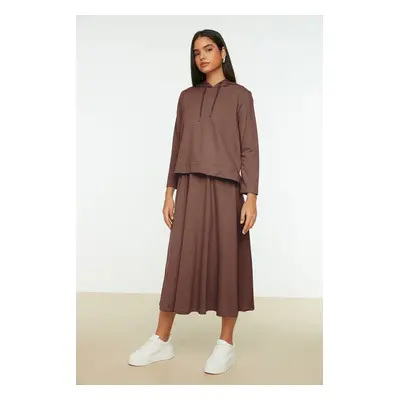 Trendyol Brown Hooded Sweatshirt-Skirt Knitted Set