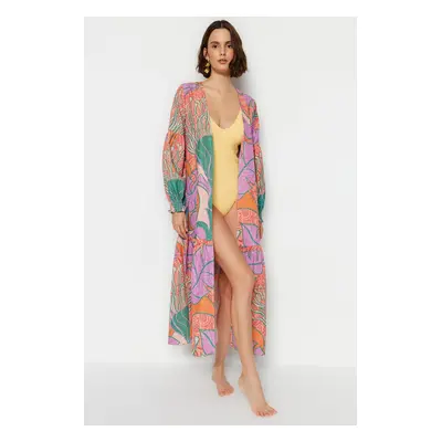 Trendyol Tropical Pattern Belted Maxi Woven Balloon Sleeve 100% Cotton Linen Look Kimono & Kafta