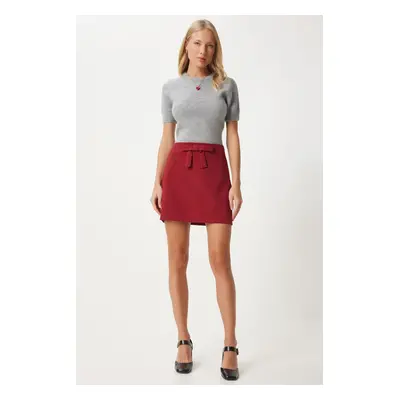 Happiness İstanbul Women's Burgundy Bow Detailed Mini Woven Skirt