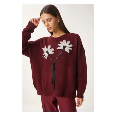 Happiness İstanbul Women's Burgundy Floral Detailed Knitwear Sweater