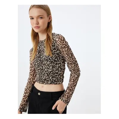 Koton Leopard Tulle Blouse Crop Long Sleeve Crew Neck Gathered