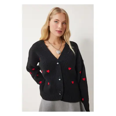 Happiness İstanbul Women's Black V Neck Heart Textured Knitwear Cardigan