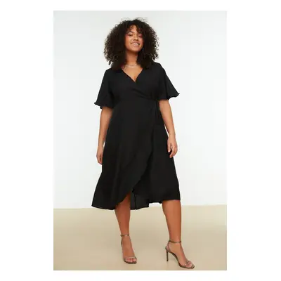 Trendyol Curve Black Plain Wrapped Midi Plus Size Weaving Dress