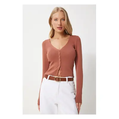 Happiness İstanbul Women's Cinnamon V Neck Knitwear Cardigan