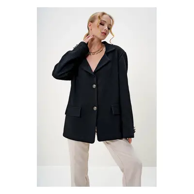 Trend Alaçatı Stili Women's Black Gold Button Detailed Blazer Knitwear Jacket